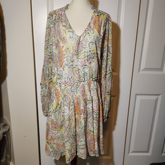 Boston Proper Paisley Bell Sleeves Metallic Threaded Mini Dress Smocked Waist - Picture 12 of 14